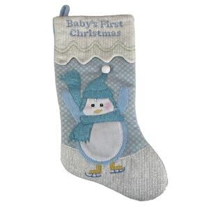 St. Nick's Choice Boy Baby's First Christmas Stocking Blue Penguin Skate Shimmer